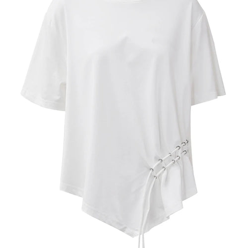 Load image into Gallery viewer, Women White Drawstring Irregular Hem Big Size T-shirt New Round Neck Short Sleeve Fashion Tide Spring Summer 2025 CPG1374
