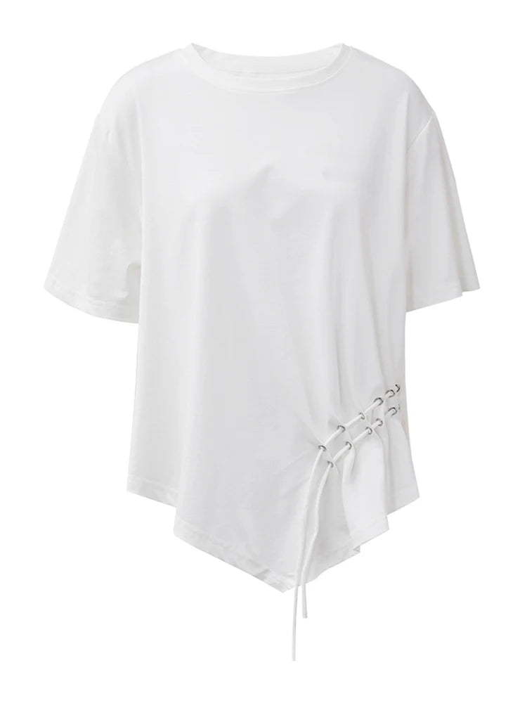 Women White Drawstring Irregular Hem Big Size T-shirt New Round Neck Short Sleeve Fashion Tide Spring Summer 2025 CPG1374