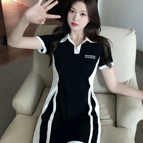 Load image into Gallery viewer, Preppy Style School Student Mini Dress Korean Fashion Kpop Bodycon Slim Mini Short Dresses Polo Collar Summer
