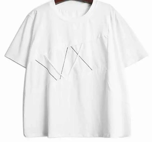 Load image into Gallery viewer, Women Black Color-block Shaped Big Size T-shirt New Round Neck Short Sleeve Fashion Tide Spring Summer 2025 1DH5563
