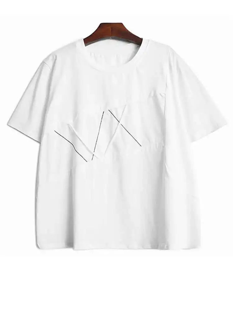 Women Black Color-block Shaped Big Size T-shirt New Round Neck Short Sleeve Fashion Tide Spring Summer 2025 1DH5563