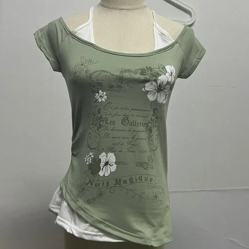 Load image into Gallery viewer, Summer Fake Two Pieces Halter Bandage Vintage T-shirts Y2k Aesthetic Slim Crop Tops Women Grunge Print Harajuku Casual Sexy Tee
