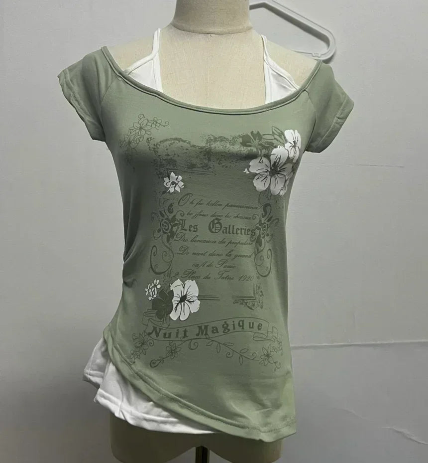 Summer Fake Two Pieces Halter Bandage Vintage T-shirts Y2k Aesthetic Slim Crop Tops Women Grunge Print Harajuku Casual Sexy Tee