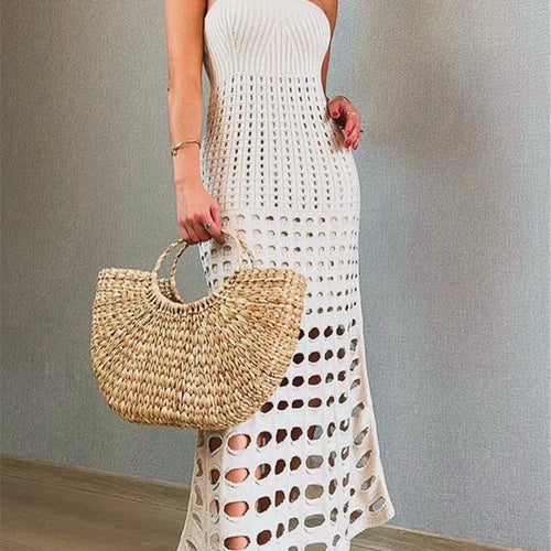 Load image into Gallery viewer, Strapless Off-shoulder Hollow Out Knit Maxi Dress For Women Gown Fashion Sleeveless Backless Beach Skinny Long Dress
