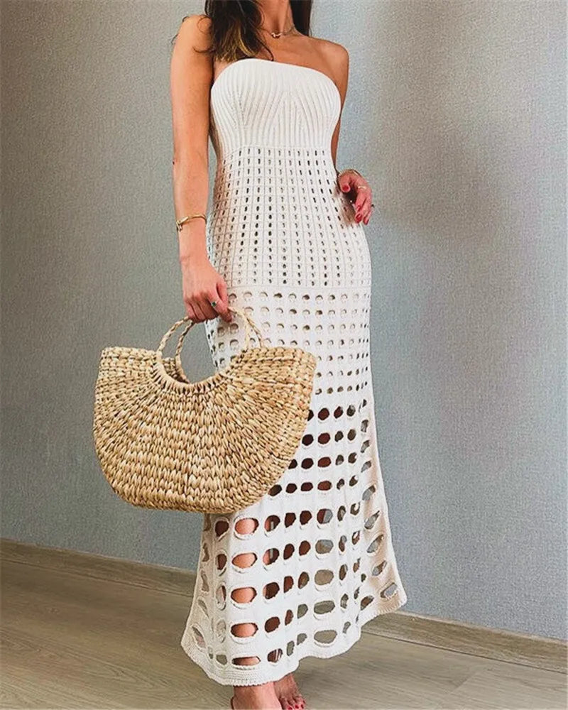Strapless Off-shoulder Hollow Out Knit Maxi Dress For Women Gown Fashion Sleeveless Backless Beach Skinny Long Dress