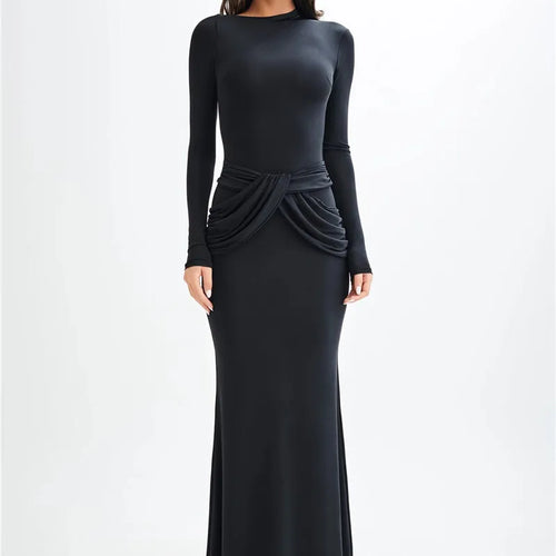 Load image into Gallery viewer, Diagonal Collar Long Sleeve Maxi Dress For Women Autumn Winter New Solid High Waist Ruched Bodycon Sexy Long Dress
