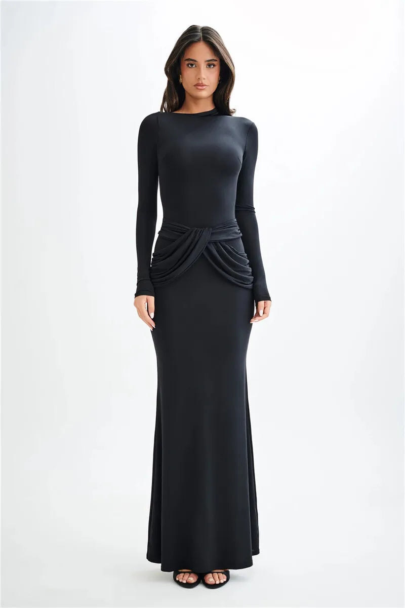 Diagonal Collar Long Sleeve Maxi Dress For Women Autumn Winter New Solid High Waist Ruched Bodycon Sexy Long Dress