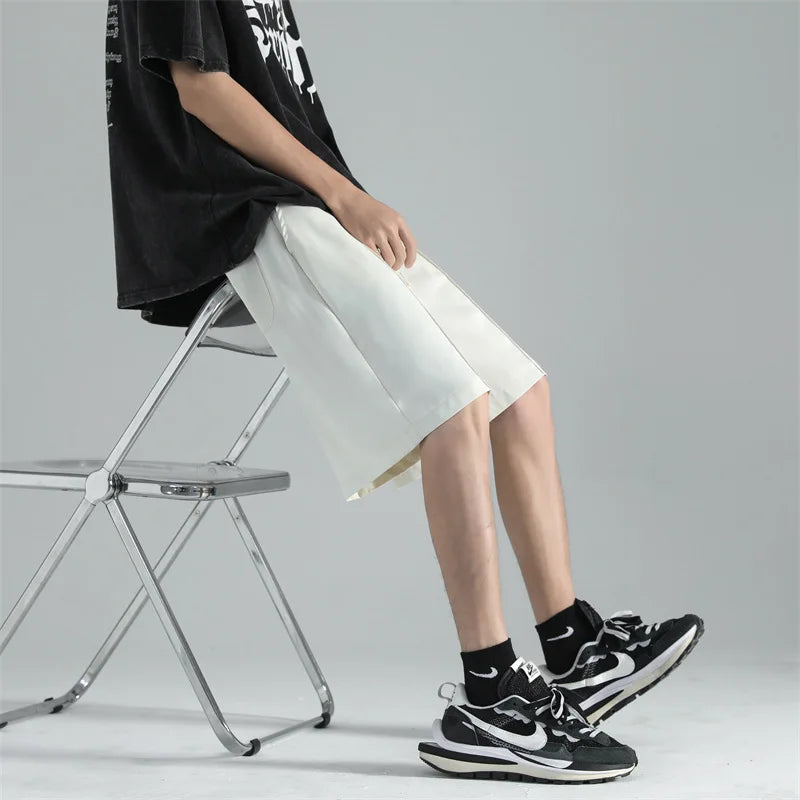 Men's Suit Shorts Ice Silk Solid Color Elastic Waist Pants Summer Casual Fashion Male Clothing Lace-up Design 2025 9W1350