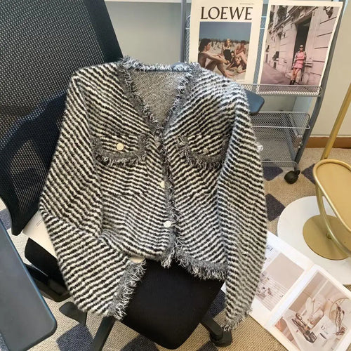 Load image into Gallery viewer, Autumn Winter Korean V Neck Striped Tassel Knitted Cardigan Coat Women&#39;s Elegant Single Breasted Thick Mohair Sweater Fashion
