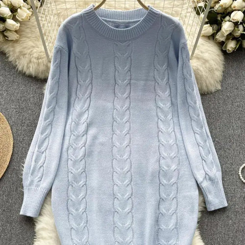 Load image into Gallery viewer, Retro Women Solid Round Neck Medium Length Sweater Autumn Winter Long Sleeve Loose Knitted Pullover Tops Casual Trend Simplicity
