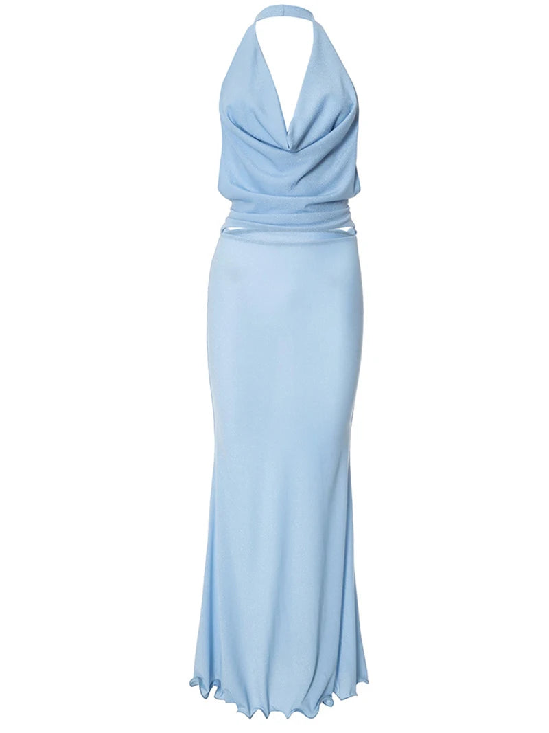 Halter Deep V Neck Backless Sexy Maxi Dress For Women Fashion Sleeveless High Waist Slim-fit Beach Club Party Dress