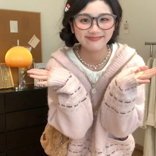 Load image into Gallery viewer, Y2k Aesthetic Cartoon Jacquard Knitted Hooded Cardigan Kawaii Cute Casual Women Pocket Sweater Sweet Single Breasted Loose Tops
