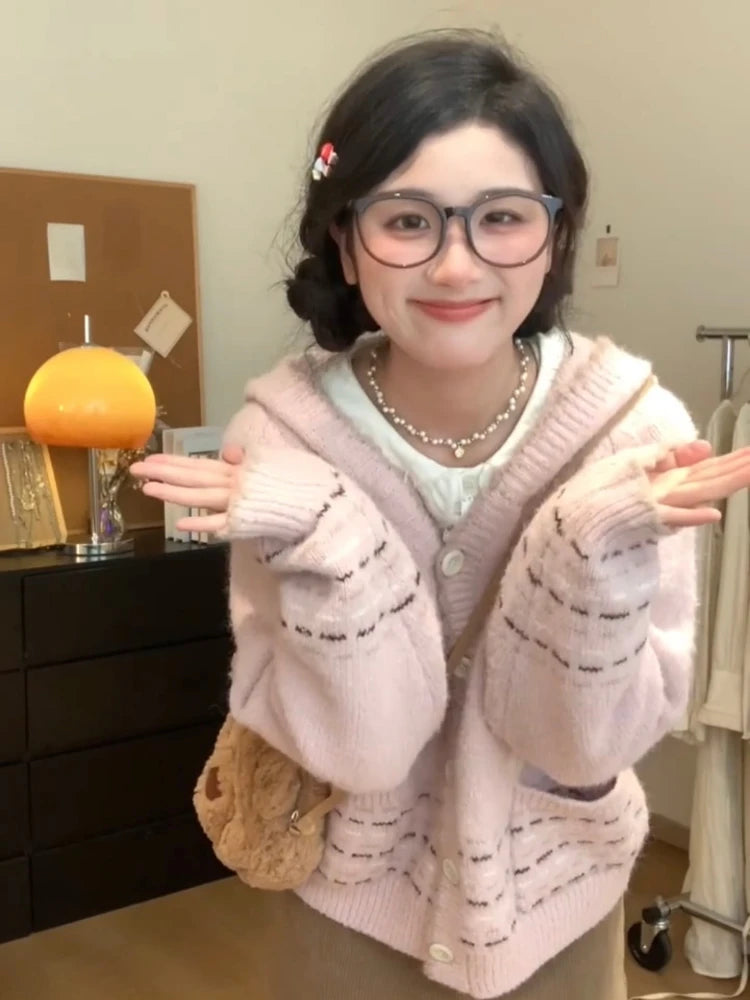 Y2k Aesthetic Cartoon Jacquard Knitted Hooded Cardigan Kawaii Cute Casual Women Pocket Sweater Sweet Single Breasted Loose Tops