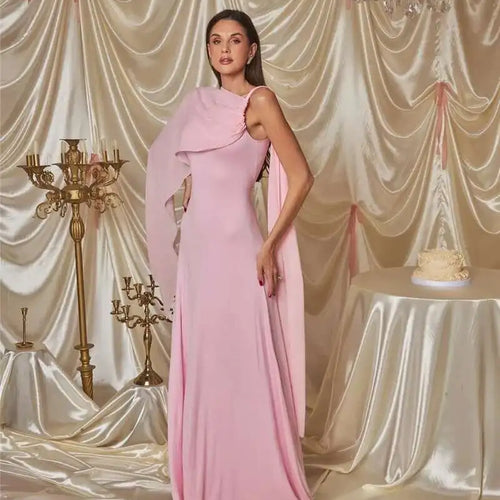 Load image into Gallery viewer, Pink Cape Sleeve Sexy Maxi Dress For Women Off-shoulder Backless Gown Elegant Skew Collar Lace-up Long Dress Vestido
