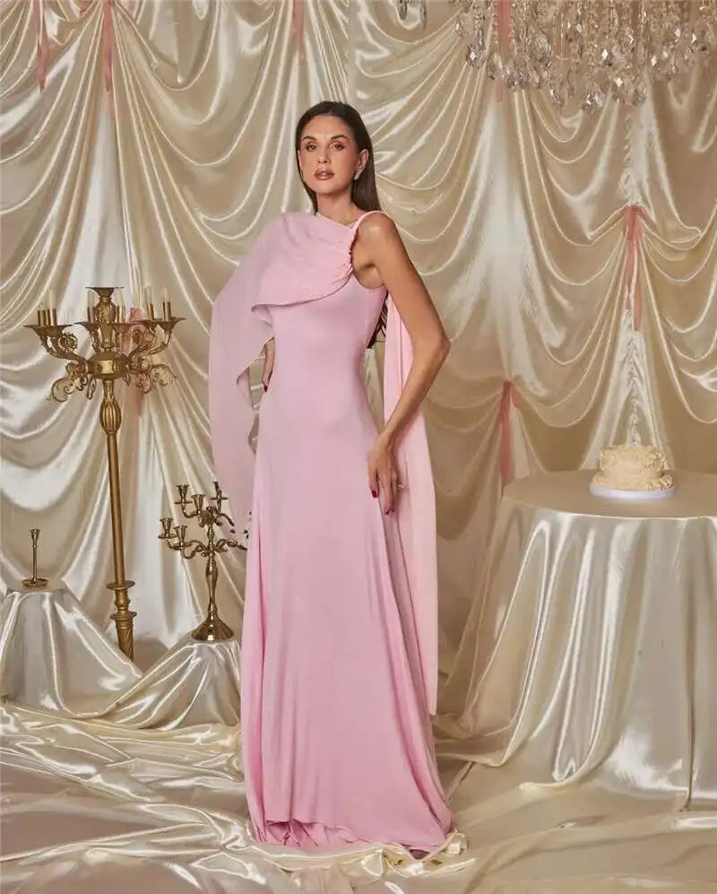 Pink Cape Sleeve Sexy Maxi Dress For Women Off-shoulder Backless Gown Elegant Skew Collar Lace-up Long Dress Vestido