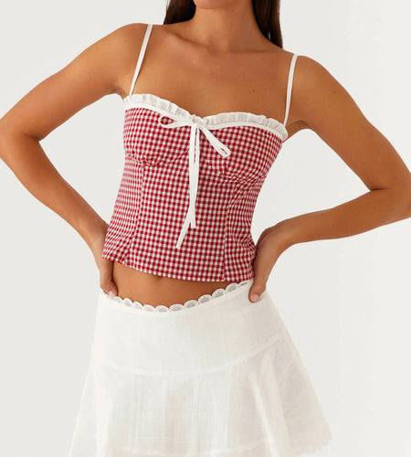 y2k Plaid Camisole Women Summer Clothes Print Ruffle Trim Adjustable Spaghetti Strap Tank Tops 2000s Vest Streetwear