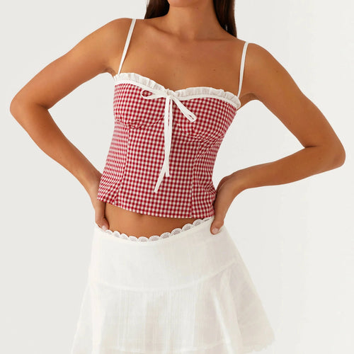 y2k Plaid Camisole Women Summer Clothes Print Ruffle Trim Adjustable Spaghetti Strap Tank Tops 2000s Vest Streetwear