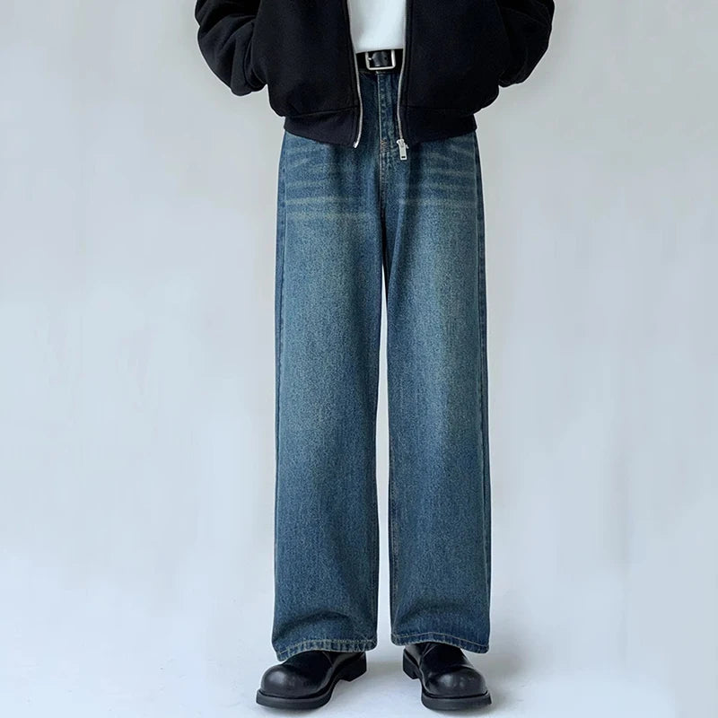 Men's Jeans New American High Street Washed Denim Pants Male Loose Solid Color Casual Fanshion Straight Leg Trousers 9W1428