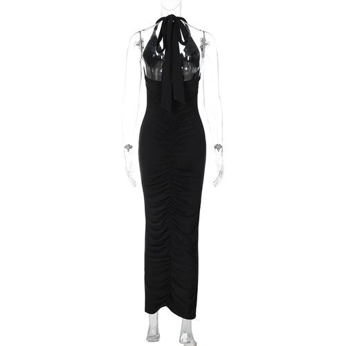 Load image into Gallery viewer, Halter Deep V Neck Sexy Maxi Dress For Women Gown Black Sleeveless Backless Bodycon Ruched Club Party Long Dress
