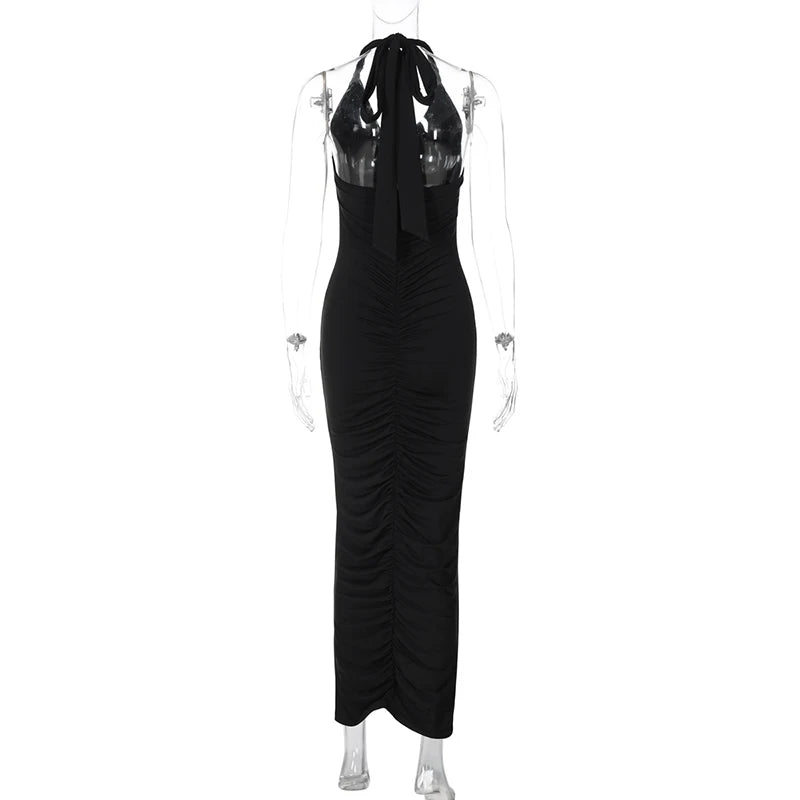 Halter Deep V Neck Sexy Maxi Dress For Women Gown Black Sleeveless Backless Bodycon Ruched Club Party Long Dress