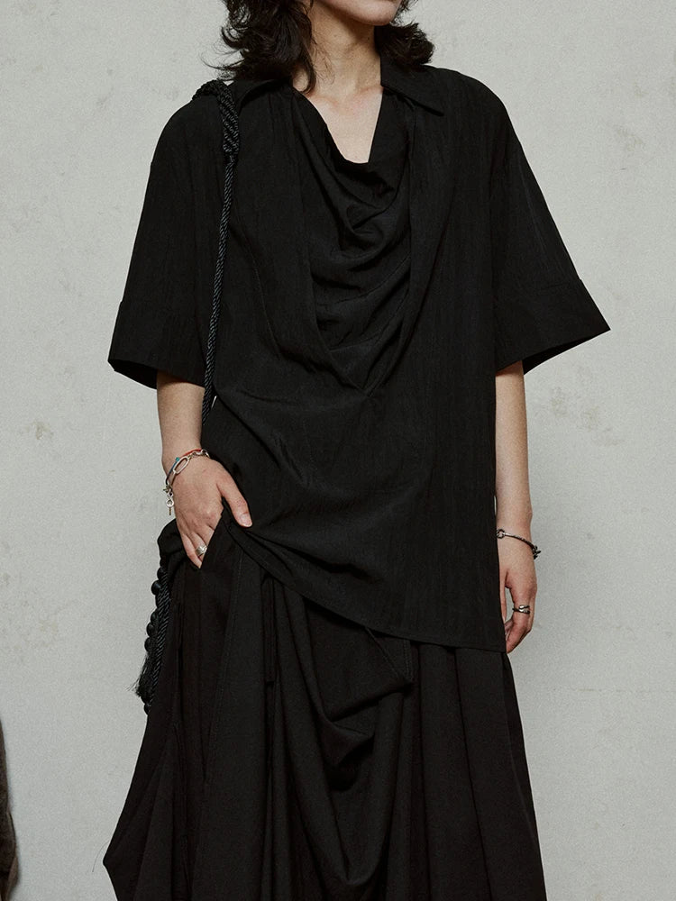 Women Beige Brief Pleated Elegant Big Size Blouse New Pile Collar Short Sleeve Shirt Fashion Spring Summer 2025 1DJ1182