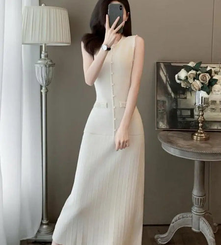 Korean Women's Black Knit Round Neck Sleeveless Office Lady Dress Summer Retro Fashion Beige Pearl Temperament Long Dress Trendy