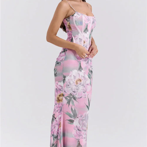 Load image into Gallery viewer, Pink Floral Sexy Maxi Dress Women Gown Spaghetti Strap Sleeveless Backless Elegant Evening Club Party Long Dress
