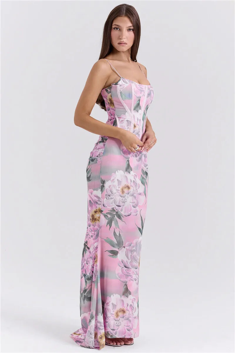 Pink Floral Sexy Maxi Dress Women Gown Spaghetti Strap Sleeveless Backless Elegant Evening Club Party Long Dress