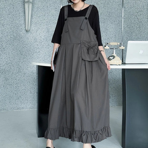 Load image into Gallery viewer, Women Black Ruffles Pocket Big Size Midi Strap Dress New Square Collar Sleeveless Fashion Tide Spring Autumn 2025 1DJ1158
