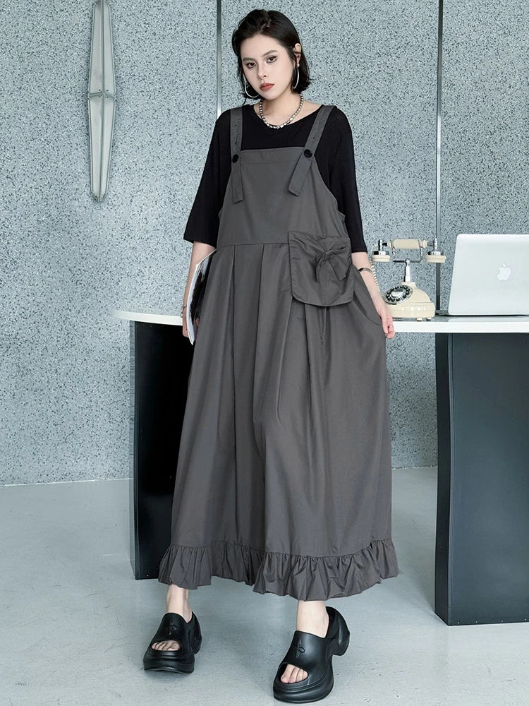 Women Black Ruffles Pocket Big Size Midi Strap Dress New Square Collar Sleeveless Fashion Tide Spring Autumn 2025 1DJ1158