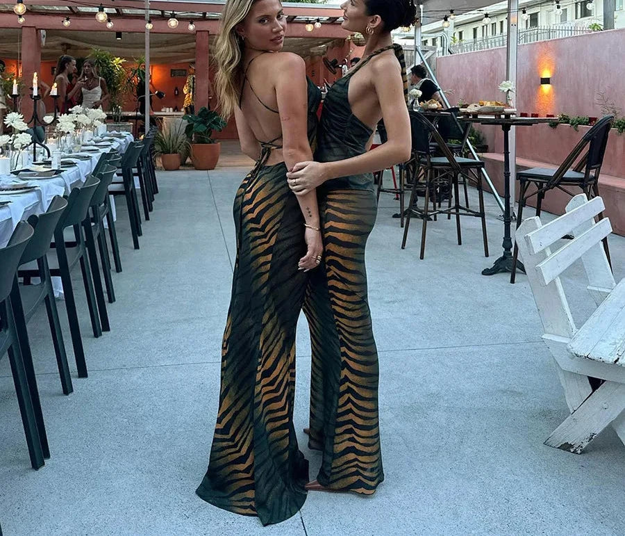 Tiger Print Deep V Neck Backless Maxi Dress for Women Summer 2024 Sexy Elegant Party Dresses Vacation Outfits C71-CG18