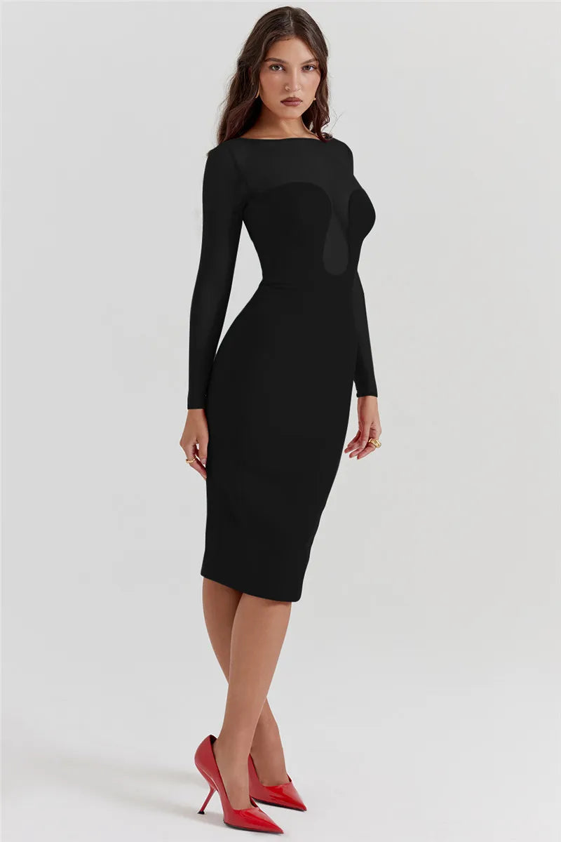 Elegant Strapless Sexy Midi Dress For Women Fashion Sheer Long Sleeve Backless Split Bodycon Club Party Sexy Long Dress