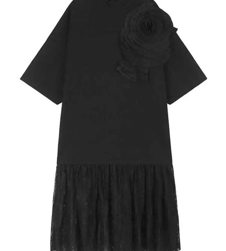 Women Black Three-dimensional Flower Lace Big Size Dress New Turtleneck Short Sleeve Fashion Spring Autumn 2025 1DH8218