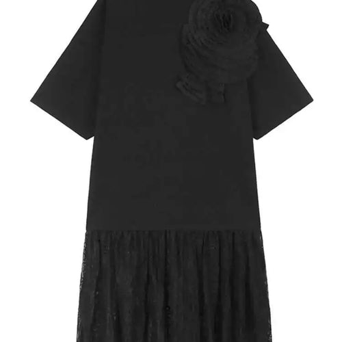 Load image into Gallery viewer, Women Black Three-dimensional Flower Lace Big Size Dress New Turtleneck Short Sleeve Fashion Spring Autumn 2025 1DH8218
