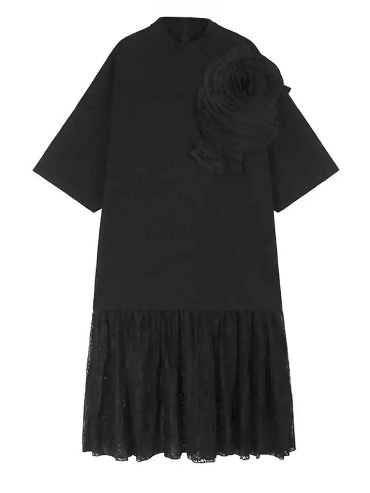 Women Black Three-dimensional Flower Lace Big Size Dress New Turtleneck Short Sleeve Fashion Spring Autumn 2025 1DH8218