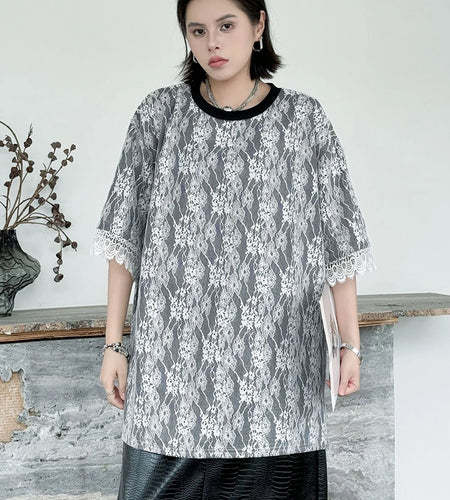 Women Black Lace Spliced Big Size Long Casual T-shirt New Round Neck Short Sleeve Fashion Tide Spring Summer 2025 1DJ1369