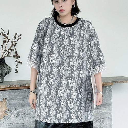 Load image into Gallery viewer, Women Black Lace Spliced Big Size Long Casual T-shirt New Round Neck Short Sleeve Fashion Tide Spring Summer 2025 1DJ1369
