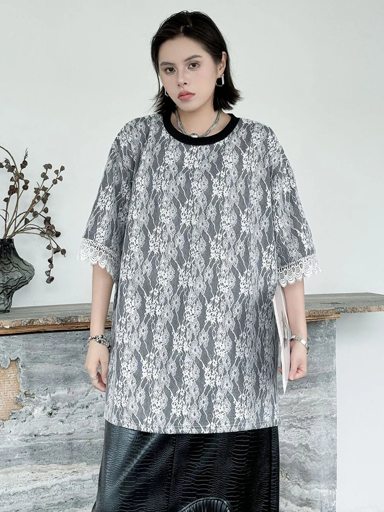 Women Black Lace Spliced Big Size Long Casual T-shirt New Round Neck Short Sleeve Fashion Tide Spring Summer 2025 1DJ1369