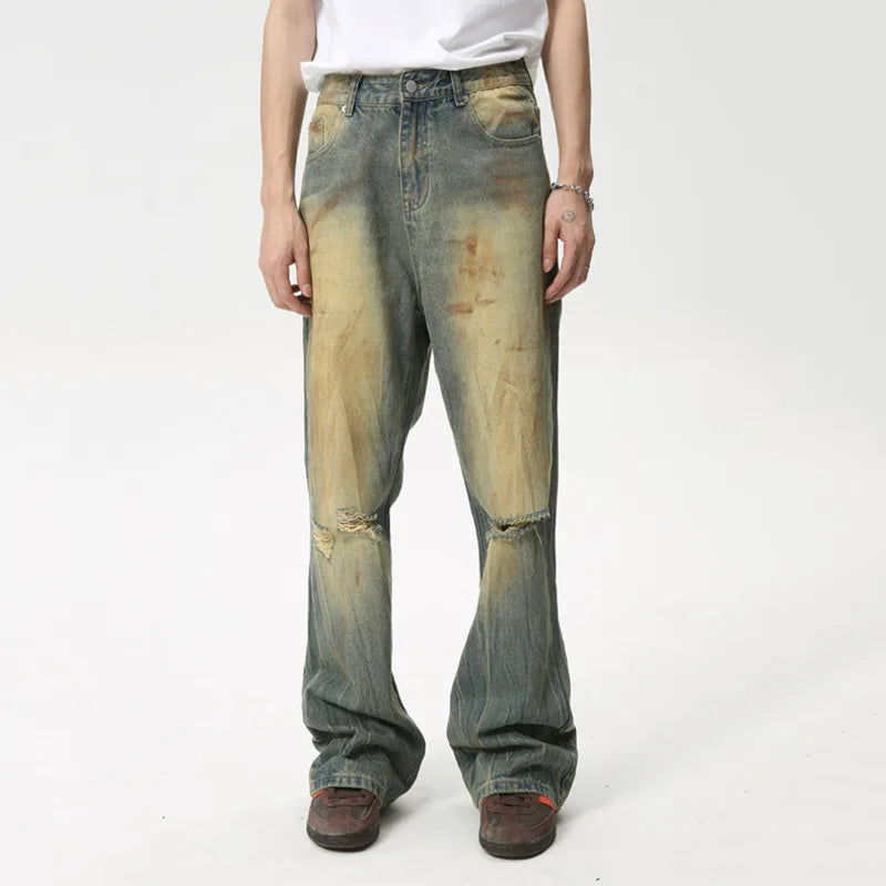 Fashion Loose Men's Straight Pants American Style Casual Hole Worn Design Make Old Wide Leg Jeans Summer 9C6091