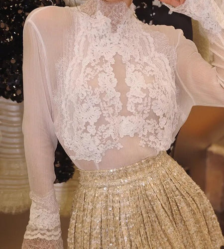 Solid Patchwork Lace Embroidery Sheer Mesh Shirts For Women Stand Collar Long Sleeve Slimming Sexy Shirt Female