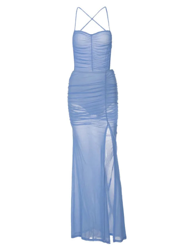 Sexy Spaghetti Strap Mesh Double Layer Dress For Women 2024 Autumn Strap Open Back Party Holiday Beach Evening Dress