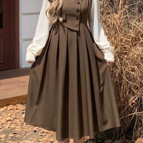 Load image into Gallery viewer, Preppy Style Vintage School Student Dress Women Retro Design Kawaii Brown Long Sleeve Midi Party Dresses Autumn
