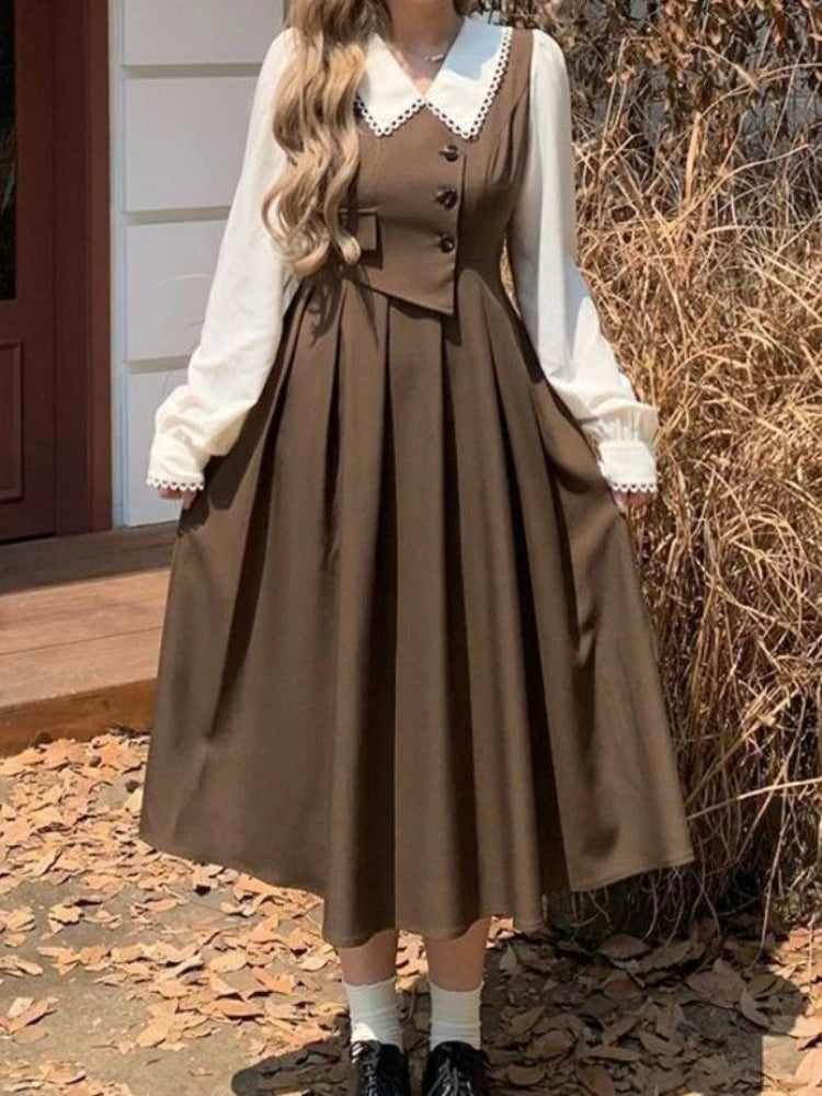 Preppy Style Vintage School Student Dress Women Retro Design Kawaii Brown Long Sleeve Midi Party Dresses Autumn