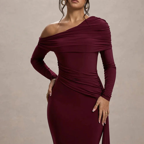Load image into Gallery viewer, Skew Collar Long Sleeve Sexy Maxi Dress For Women Gown Fashion Backless Draped Ruched Bodycon Club Long Dress Elegant
