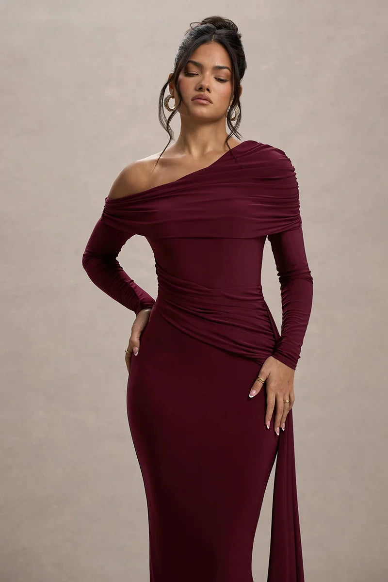 Skew Collar Long Sleeve Sexy Maxi Dress For Women Gown Fashion Backless Draped Ruched Bodycon Club Long Dress Elegant