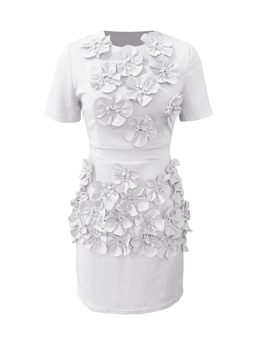 Solid Spliced Appliques Slimming Dresses For Women O Neck Short Sleeve High Waist Temperament Dress Female Fashion