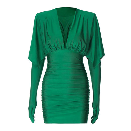 Load image into Gallery viewer, Deep V Neck Long Sleeve Mini Dress Women Autumn Winter New Ruched Evening Dress Female Fashion Sexy Dress Elegant
