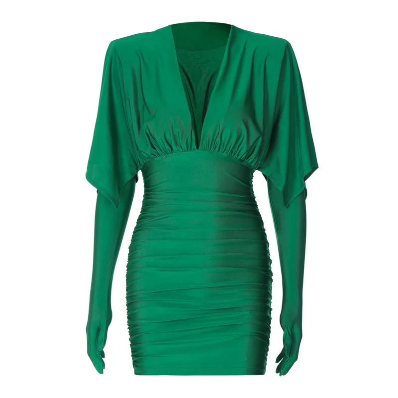 Deep V Neck Long Sleeve Mini Dress Women Autumn Winter New Ruched Evening Dress Female Fashion Sexy Dress Elegant