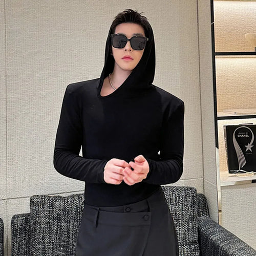 Load image into Gallery viewer, Spring Menwear Male T-shirt Niche Design Hooded Long Sleeve Top Tight Irregular Slanted Neckline Shoulder Pads 9C5064
