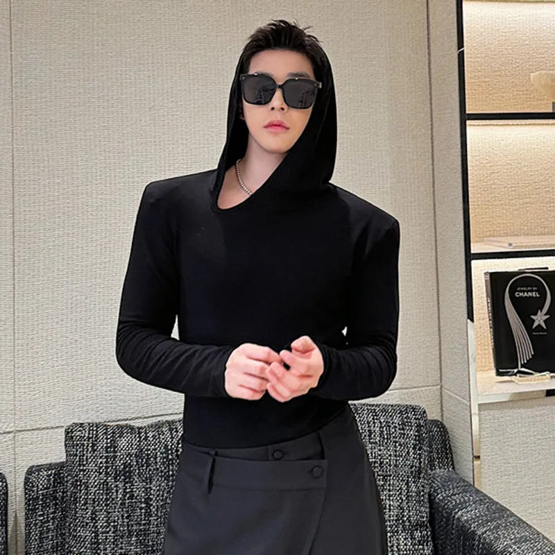 Spring Menwear Male T-shirt Niche Design Hooded Long Sleeve Top Tight Irregular Slanted Neckline Shoulder Pads 9C5064